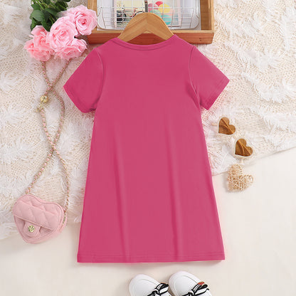 Girls Knitted Skirt Dress, Love Leopard Print, Short Sleeve Round Neck, Summer Thin Fashion Casual Dress, Childrens