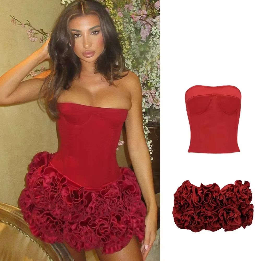 Mingmingxi Winter Cocktail Dress, Strapless Sexy Mini Dress, Luxury Red Lace Up, New Year Party Dresses for Women