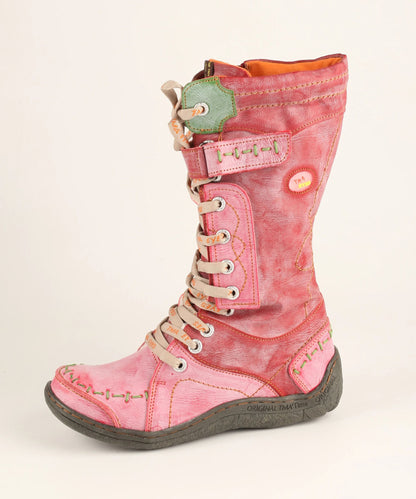 Womens Long Warm Leather Winter Boots with Hand Stitched Design