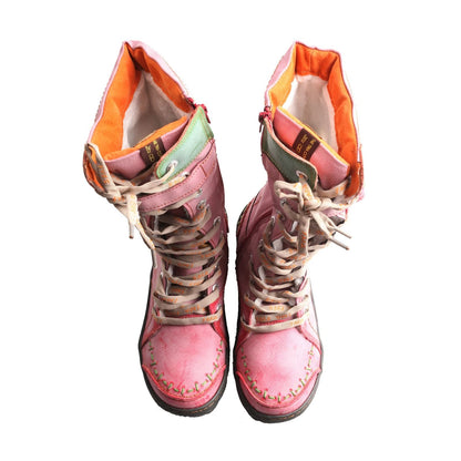Womens Long Warm Leather Winter Boots with Hand Stitched Design