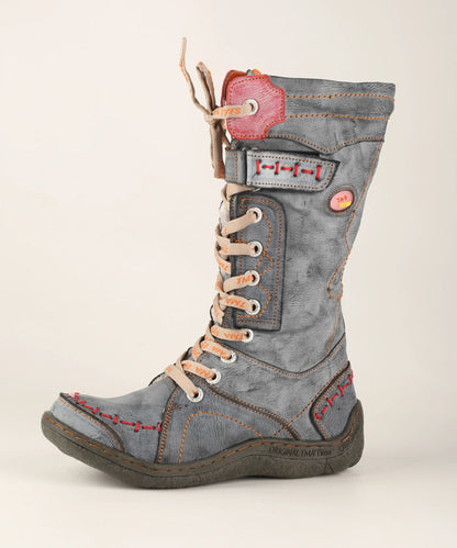Womens Long Warm Leather Winter Boots with Hand Stitched Design