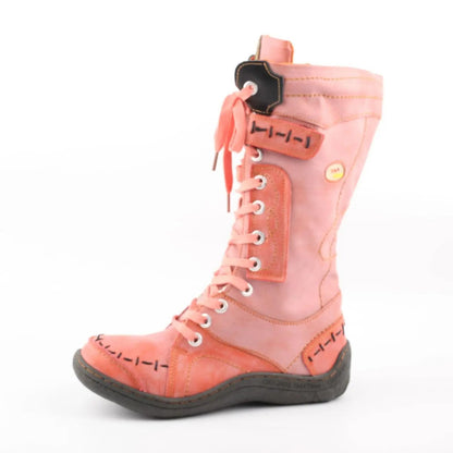 Womens Long Warm Leather Winter Boots with Hand Stitched Design