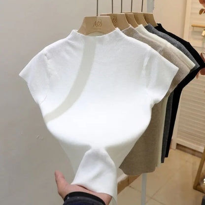 Womens Thin Turtleneck Knit Pullover Sweater Short Sleeve