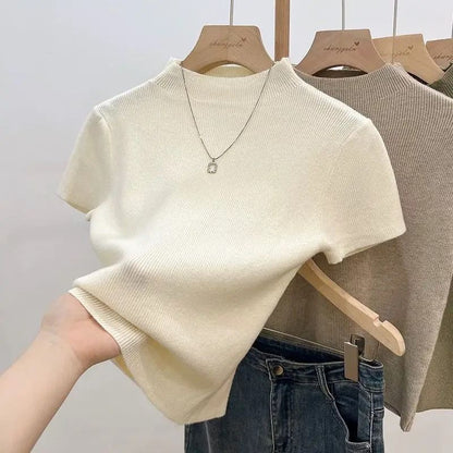 Womens Thin Turtleneck Knit Pullover Sweater Short Sleeve