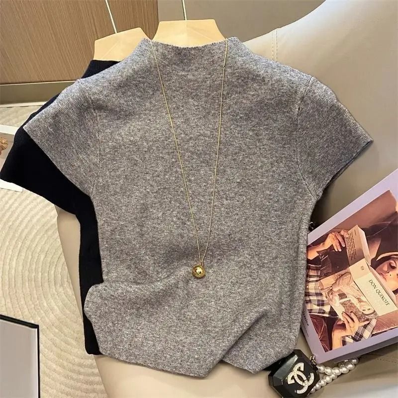Womens Thin Turtleneck Knit Pullover Sweater Short Sleeve