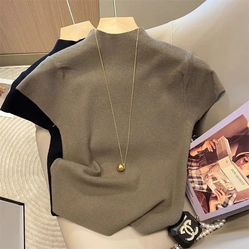 Womens Thin Turtleneck Knit Pullover Sweater Short Sleeve
