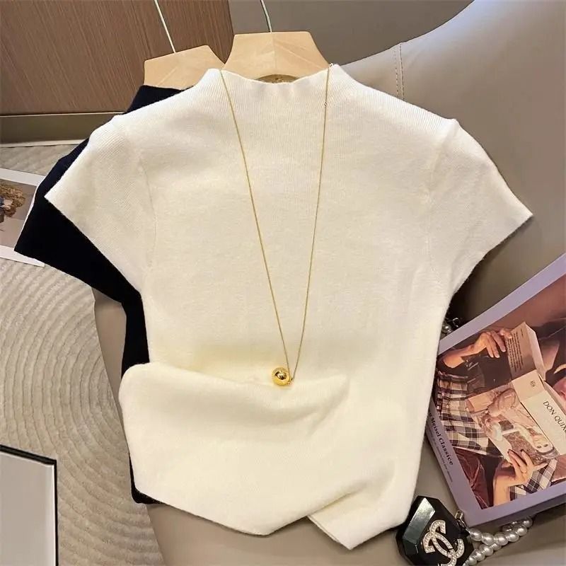Womens Thin Turtleneck Knit Pullover Sweater Short Sleeve