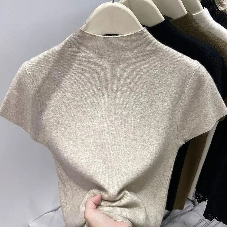 Womens Thin Turtleneck Knit Pullover Sweater Short Sleeve