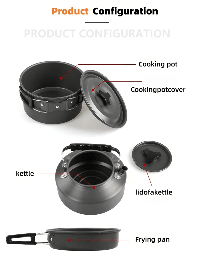 Camping Cookware Set with Folding Pot and Kettle for 2 to 3 People