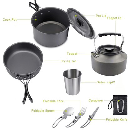 Camping Cookware Set with Folding Pot and Kettle for 2 to 3 People
