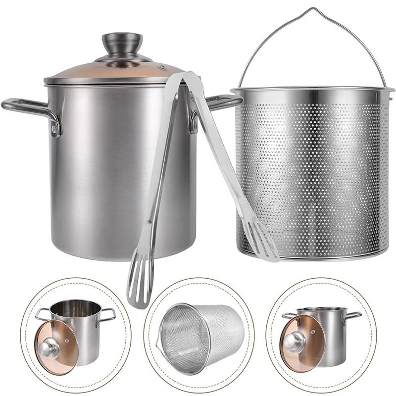 LMETJMA 3L Deep Fryer Pot Stainless Steel with Mesh Basket and Lid