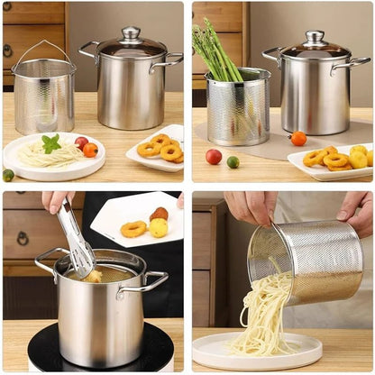LMETJMA 3L Deep Fryer Pot Stainless Steel with Mesh Basket and Lid