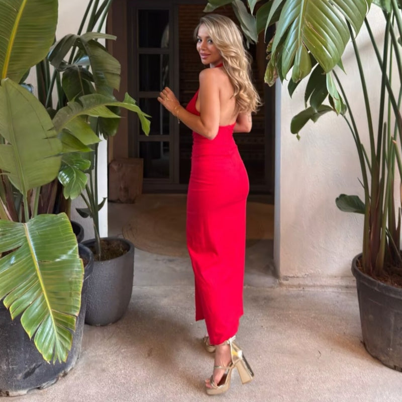Elegant Captivating Dress for Women, Sexy Tight V Neck, Backless Ankle Length with Slit, Summer Party Dress