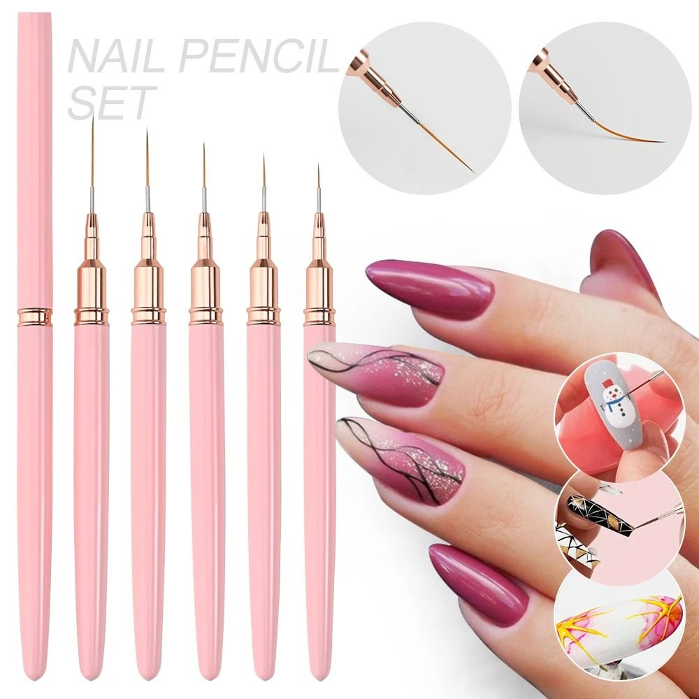 Ultra Thin Pink Nail Art Liner Brushes Set (5 pcs)