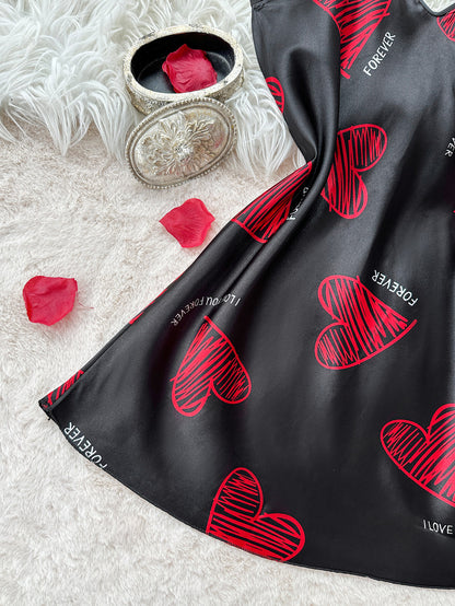 Valentine's Day Satin Slip Nightdress for Women, Red Lip Print V Neck Backless Mini Sleep Dress & Nightwear
