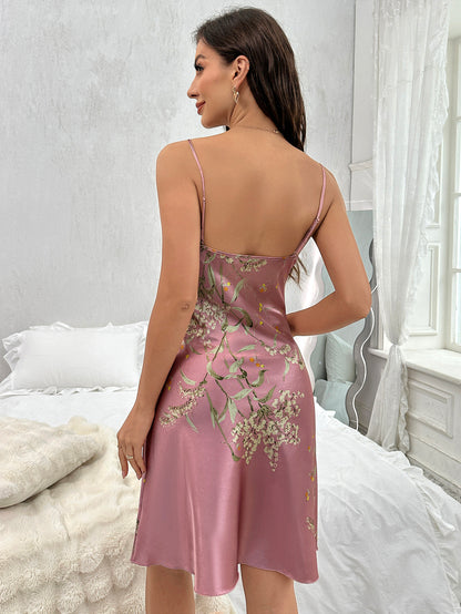 Women Sexy V Neck Spaghetti Strap Floral Print Nightdress, Lightweight Sleep Dress & Sleepwear Dresses for Women