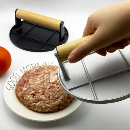 Aluminum Alloy Burger Press – Non-Stick Meat Press with Wooden Handle for Homemade Burgers & BBQ