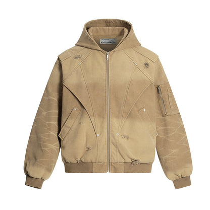 Trendy American Style Jacket for Men, Distressed Functional Coat, Deconstruct Hooded Casual Wear, 2025 Autumn Collection