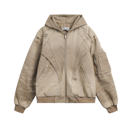 Trendy American Style Jacket for Men, Distressed Functional Coat, Deconstruct Hooded Casual Wear, 2025 Autumn Collection