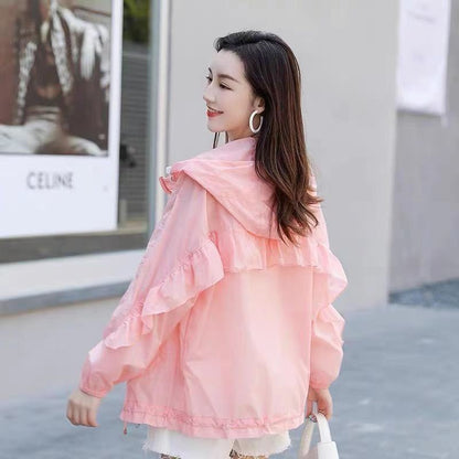 Summer Sun Protection Clothing, Loose Hooded Beachwear, Breathable Commute Outerwear with Zipper