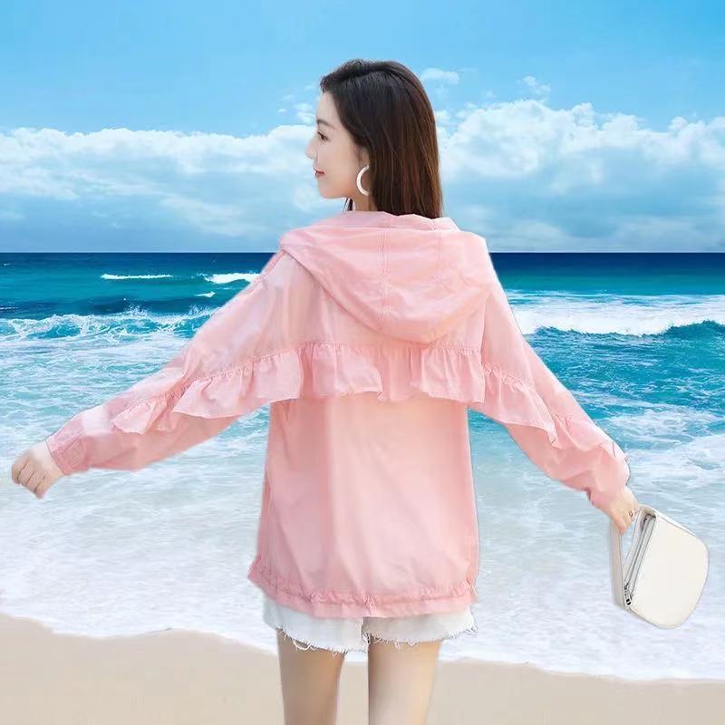 Summer Sun Protection Clothing, Loose Hooded Beachwear, Breathable Commute Outerwear with Zipper