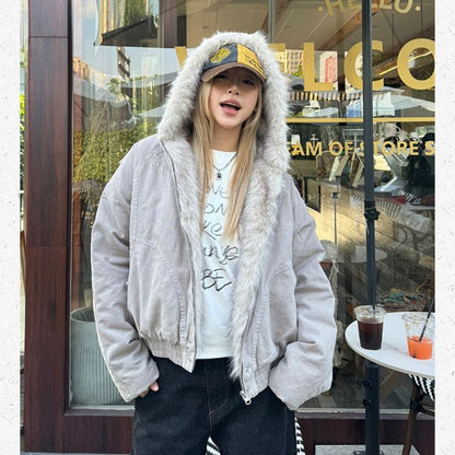 Womens Streetwear Jacket, American Retro Velvet Coat, Thickened Winter Wear with Fur Collar, Loose Fit Hooded Jacket