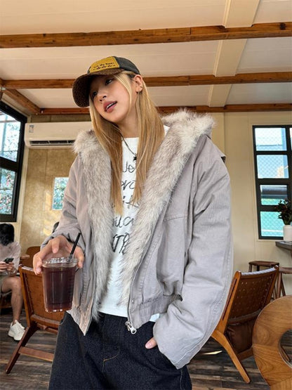 Womens Streetwear Jacket, American Retro Velvet Coat, Thickened Winter Wear with Fur Collar, Loose Fit Hooded Jacket