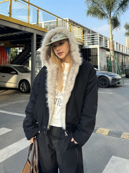 Womens Streetwear Jacket, American Retro Velvet Coat, Thickened Winter Wear with Fur Collar, Loose Fit Hooded Jacket