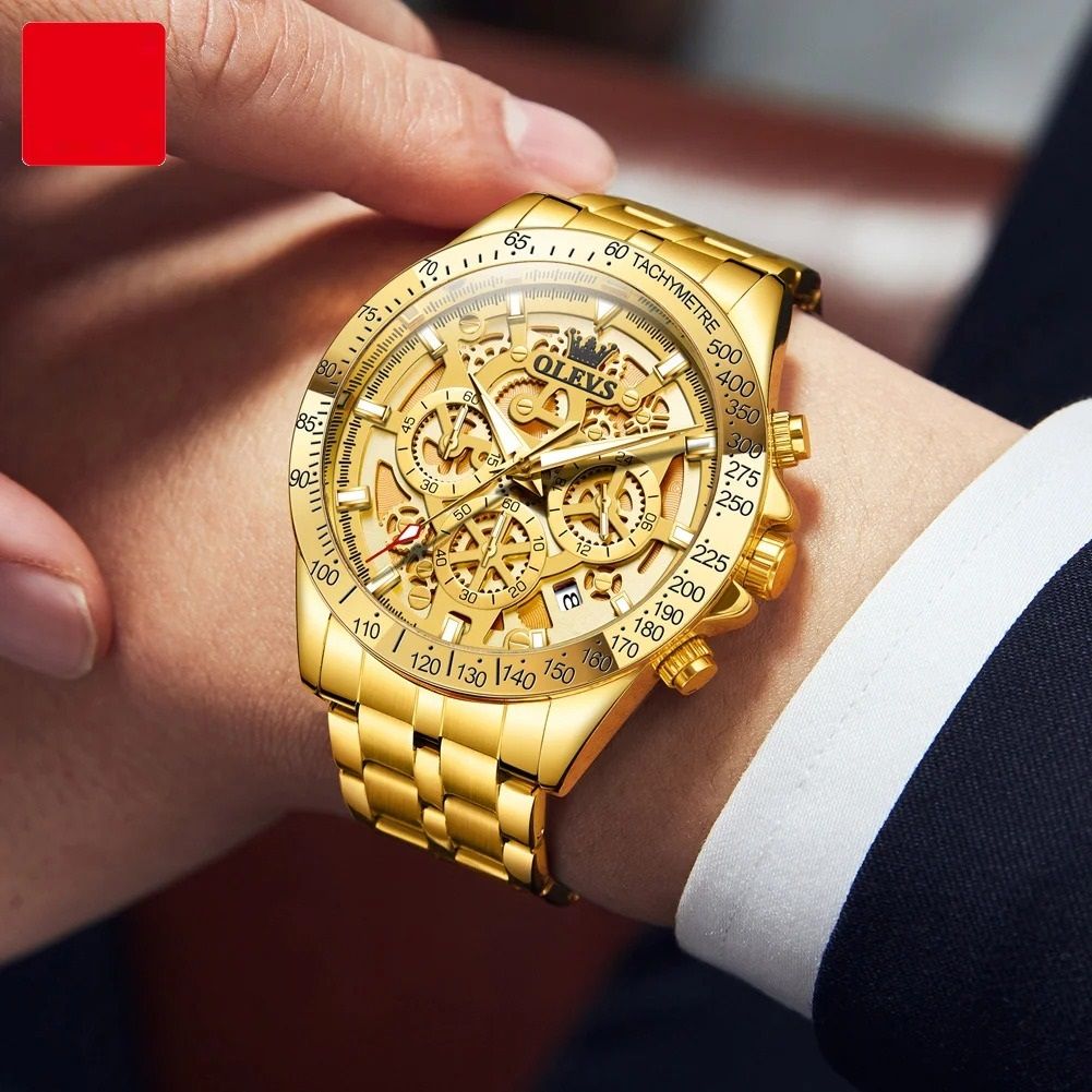 Mens Waterproof Luminous Quartz Chronograph Watch with Date & 24h Display