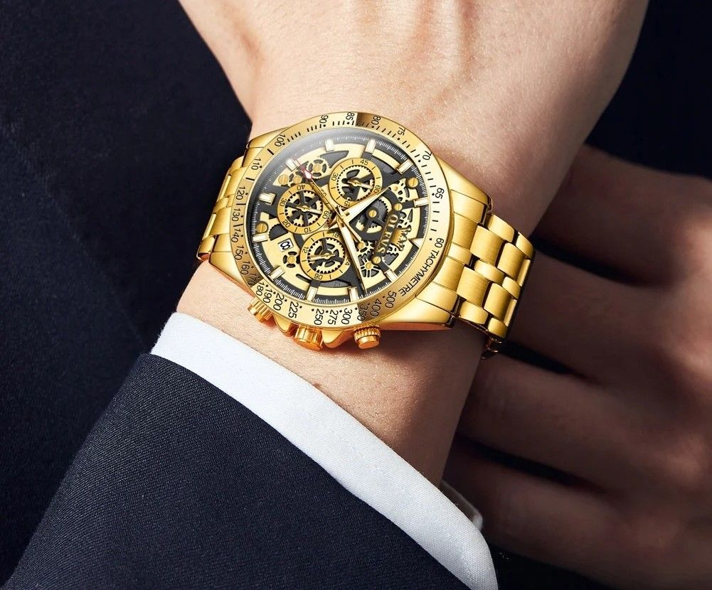Mens Waterproof Luminous Quartz Chronograph Watch with Date & 24h Display