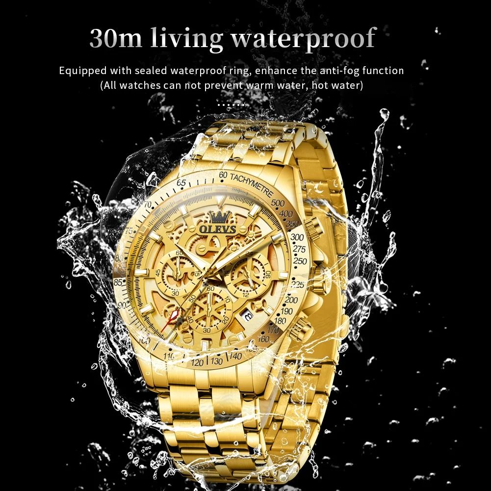 Mens Waterproof Luminous Quartz Chronograph Watch with Date & 24h Display
