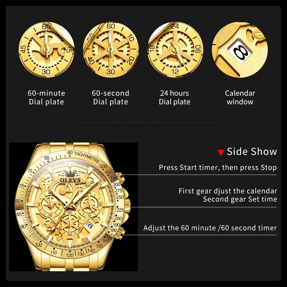 Mens Waterproof Luminous Quartz Chronograph Watch with Date & 24h Display