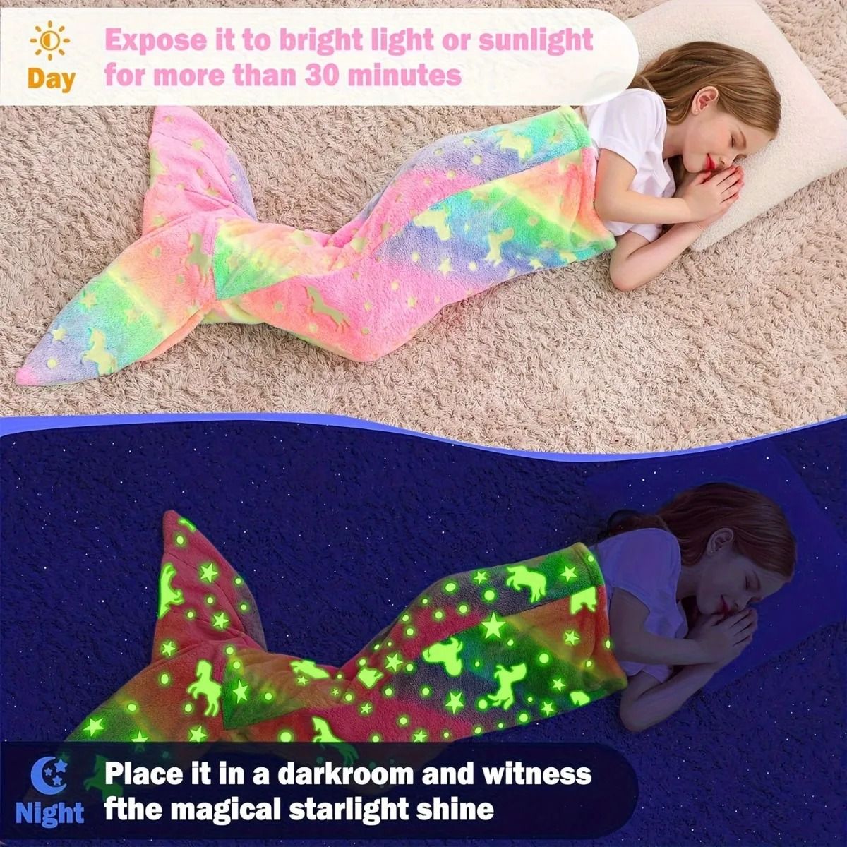Glow in the Dark Mermaid Tail Blanket for Girls – Super Soft Flannel