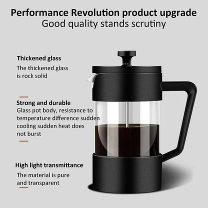 French Press Coffee Maker with Borosilicate Glass and Stainless Steel Filter