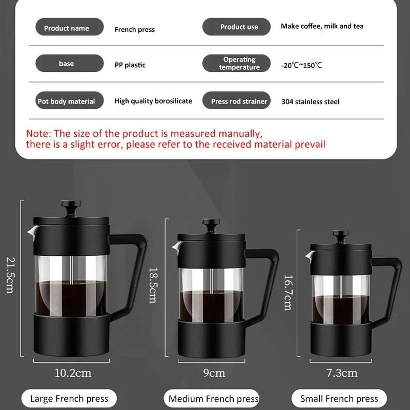 French Press Coffee Maker with Borosilicate Glass and Stainless Steel Filter