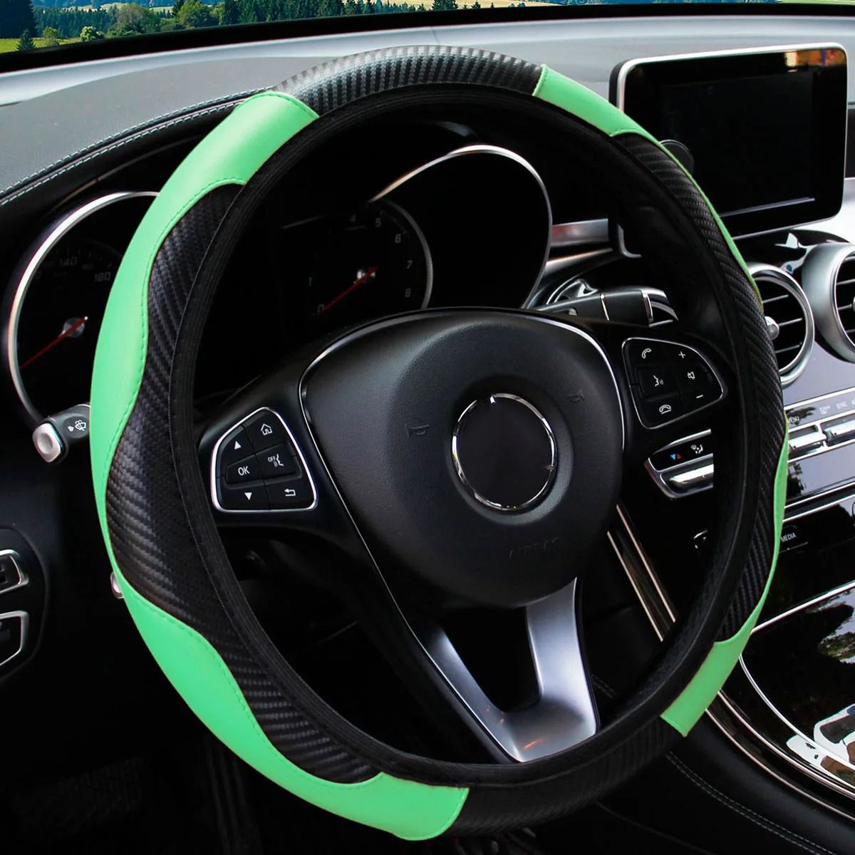 Carbon Fiber PU Leather Steering Wheel Cover 14.5 to 15 Inches