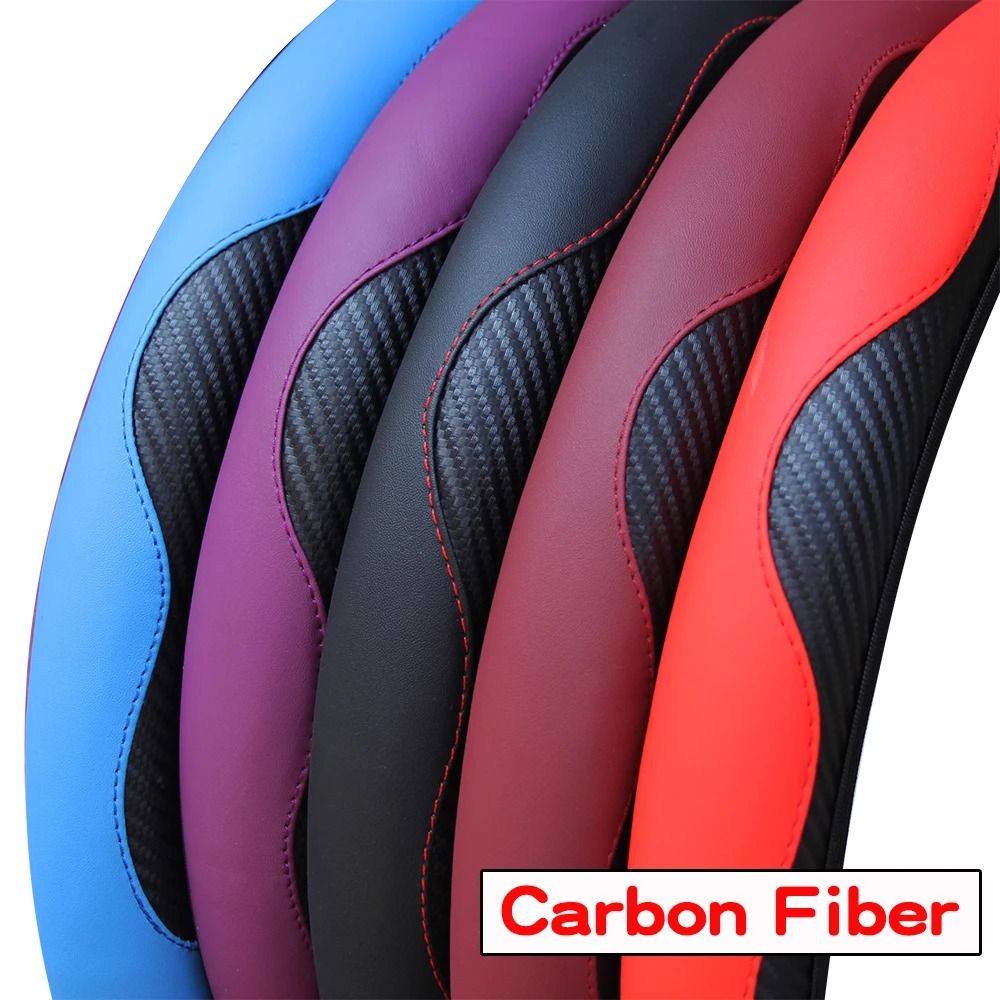 Carbon Fiber PU Leather Steering Wheel Cover 14.5 to 15 Inches