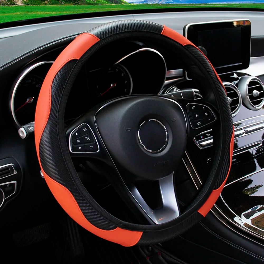 Carbon Fiber PU Leather Steering Wheel Cover 14.5 to 15 Inches