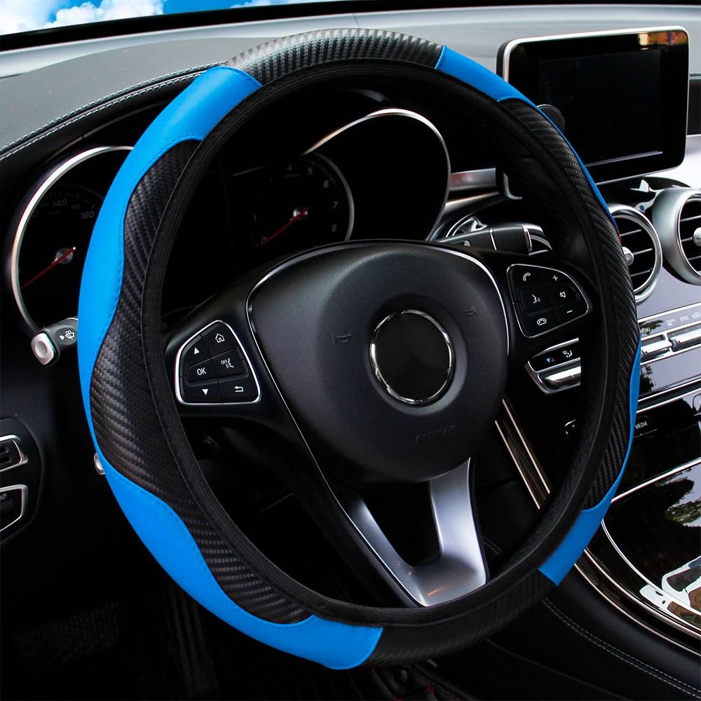 Carbon Fiber PU Leather Steering Wheel Cover 14.5 to 15 Inches