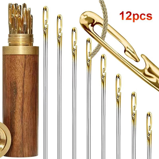 Easy-Thread Blind Needles Set – 12pcs Stainless Steel Self-Threading Sewing Needles for Elderly & DIY Apparel Projects