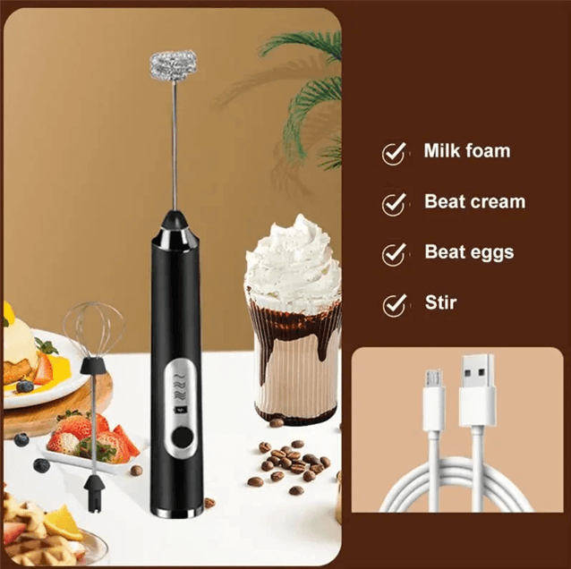 Wireless Handheld Milk Frother with Double Whisk and Three Speed Control
