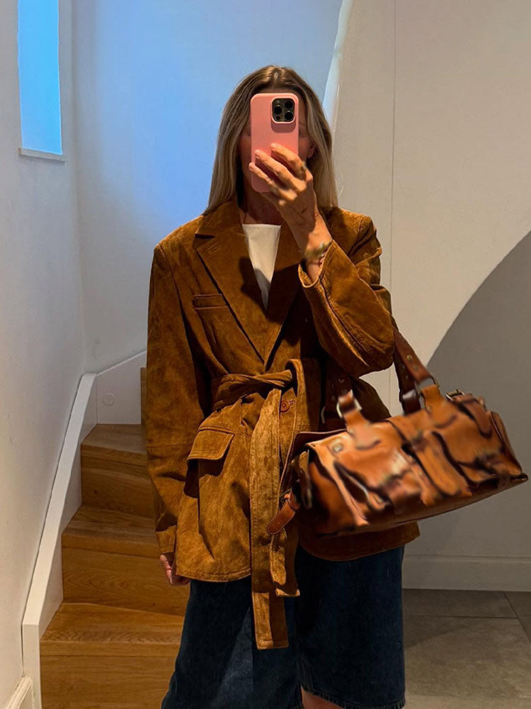 Women's Autumn Casual Coat, Fashion Long Sleeves Jacket with Turn Down Collar, Lace Up Decoration, and Pockets