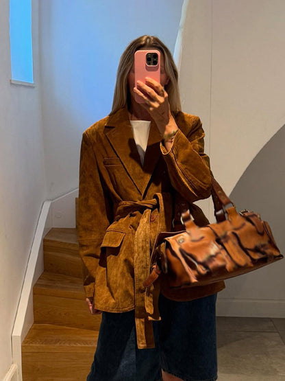 Women's Autumn Casual Coat, Fashion Long Sleeves Jacket with Turn Down Collar, Lace Up Decoration, and Pockets