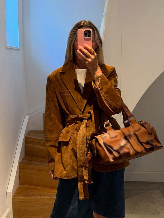 Women's Autumn Casual Coat, Fashion Long Sleeves Jacket with Turn Down Collar, Lace Up Decoration, and Pockets