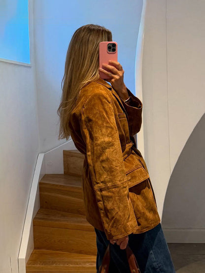 Women's Autumn Casual Coat, Fashion Long Sleeves Jacket with Turn Down Collar, Lace Up Decoration, and Pockets