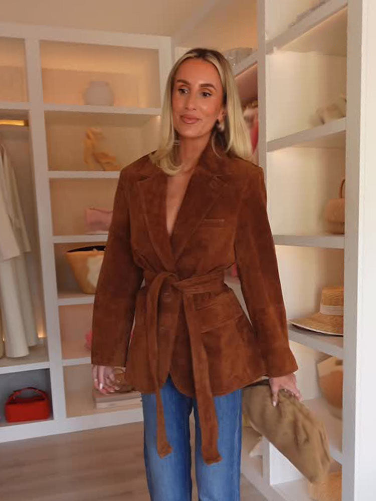 Women's Autumn Casual Coat, Fashion Long Sleeves Jacket with Turn Down Collar, Lace Up Decoration, and Pockets