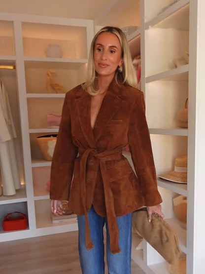 Women's Autumn Casual Coat, Fashion Long Sleeves Jacket with Turn Down Collar, Lace Up Decoration, and Pockets
