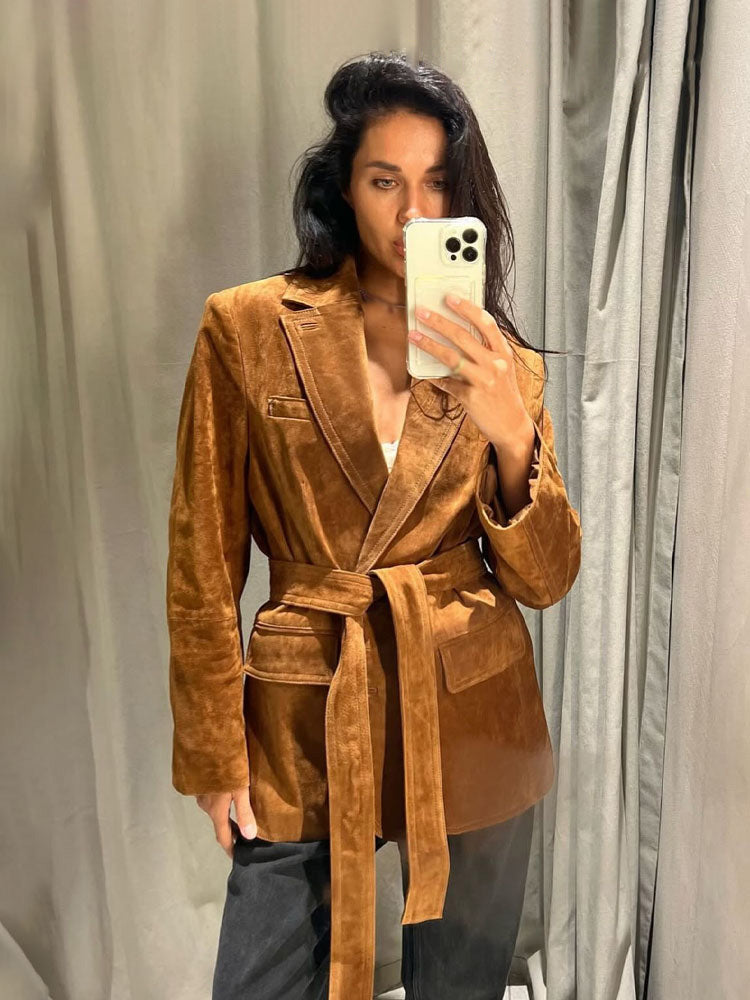 Women's Autumn Casual Coat, Fashion Long Sleeves Jacket with Turn Down Collar, Lace Up Decoration, and Pockets