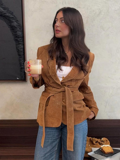 Women's Autumn Casual Coat, Fashion Long Sleeves Jacket with Turn Down Collar, Lace Up Decoration, and Pockets