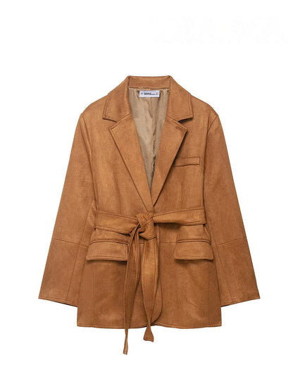 Women's Autumn Casual Coat, Fashion Long Sleeves Jacket with Turn Down Collar, Lace Up Decoration, and Pockets
